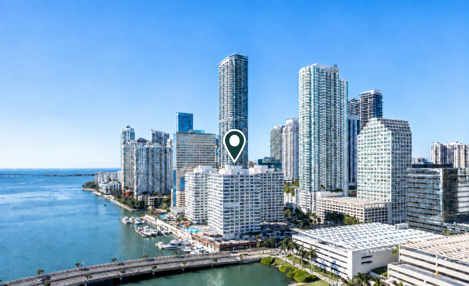 Brickell waterfront and our building beside the bridge