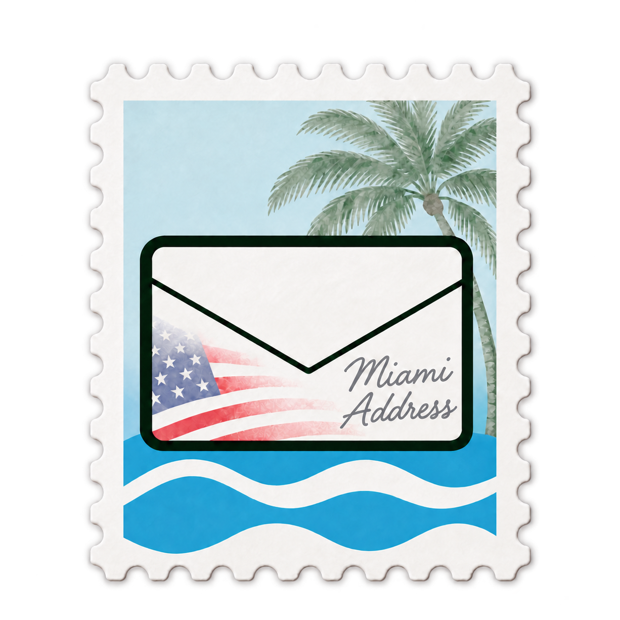 Miami Address — silver handwritten name on envelope, palm tree and sea